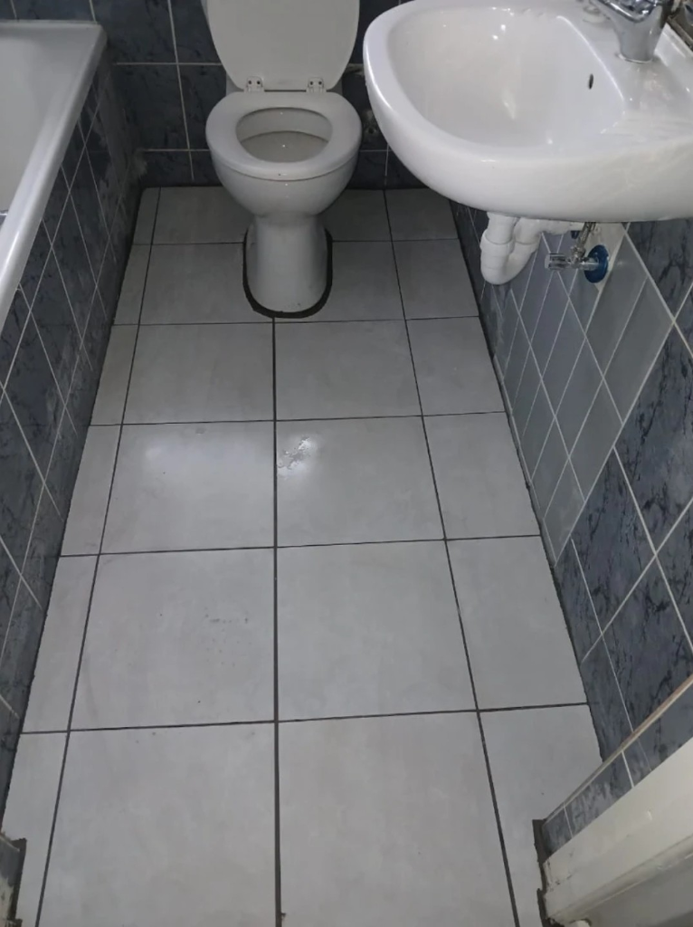 Toilet and basin plumbing installed in a tiled bathroom